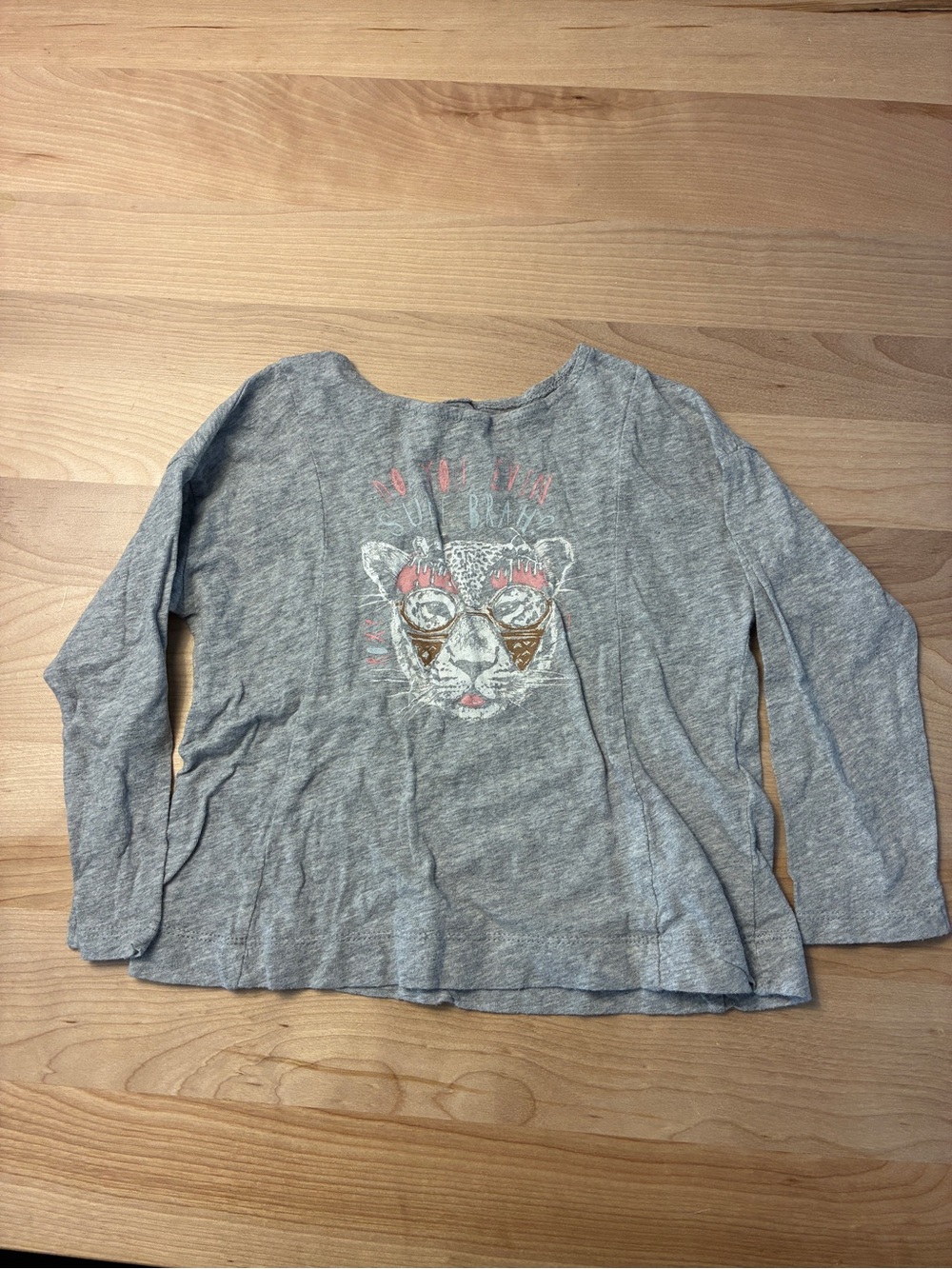 Roxy Girls' Gray Long-Sleeve Tee with Leopard Face Graphic and Pink Accents